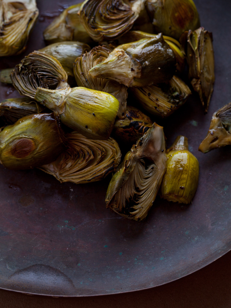 Roasted Baby Artichokes Side dish Spoon Fork Bacon