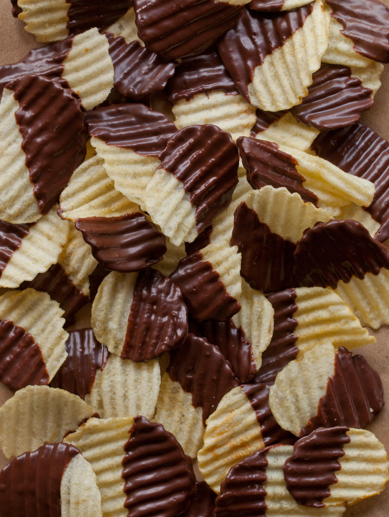 Chocolate Covered Potato Chips Snack recipe Spoon Fork Bacon