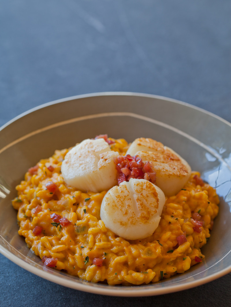Pumpkin Risotto with Seared Scallops Spoon Fork Bacon