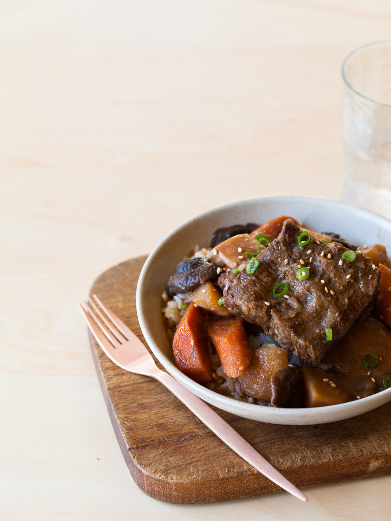 Galbi Jim Korean style Braised Short Rib Stew Spoon Fork Bacon