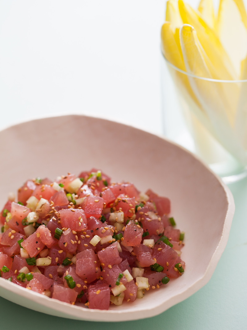 Tuna Tartare with Belgian Endive Leaves Spoon Fork Bacon
