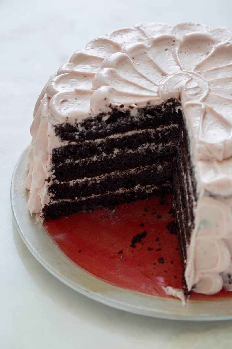 Devils Food Cake with Real Strawberry Frosting Spoon Fork Bacon