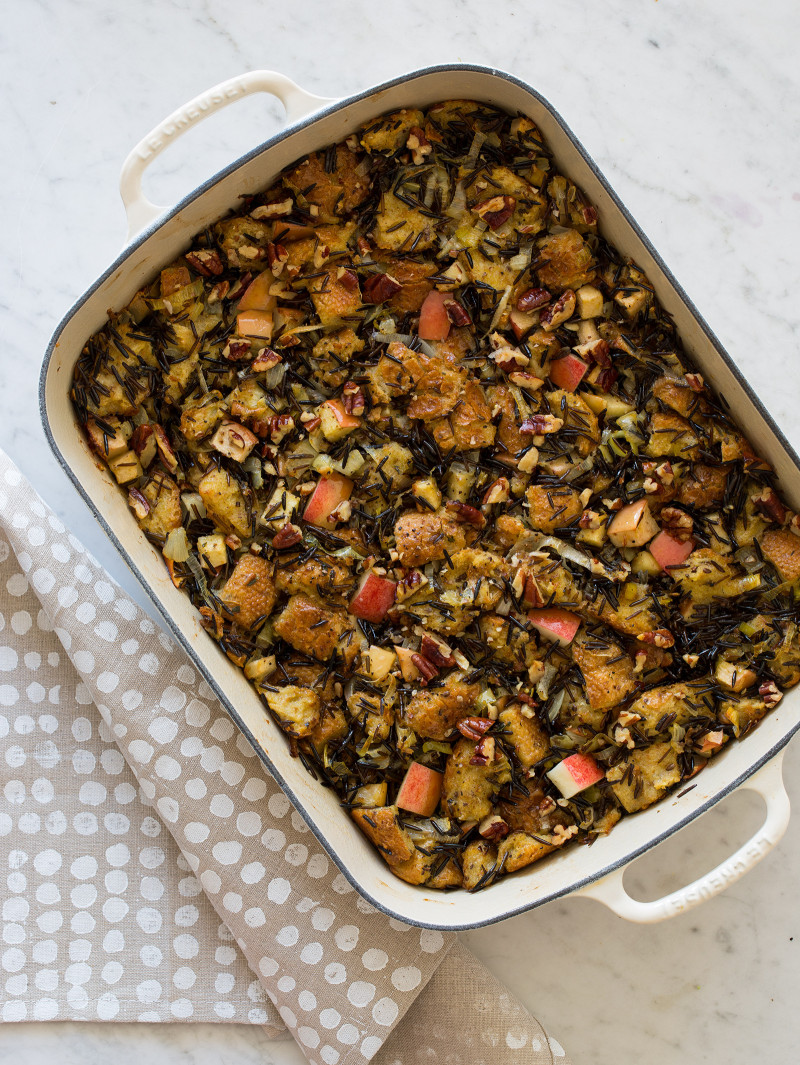 Apple Thyme Wild Rice Thanksgiving Stuffing recipe Spoon Fork Bacon