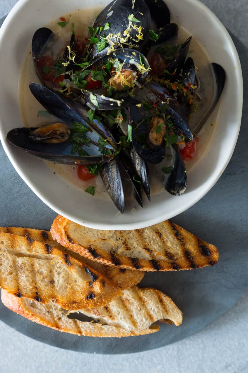 White Wine Steamed Mussels Spoon Fork Bacon
