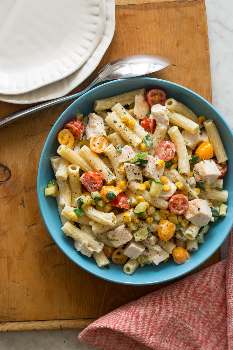 Grilled Chicken and Vegetable Pasta Salad Spoon Fork Bacon