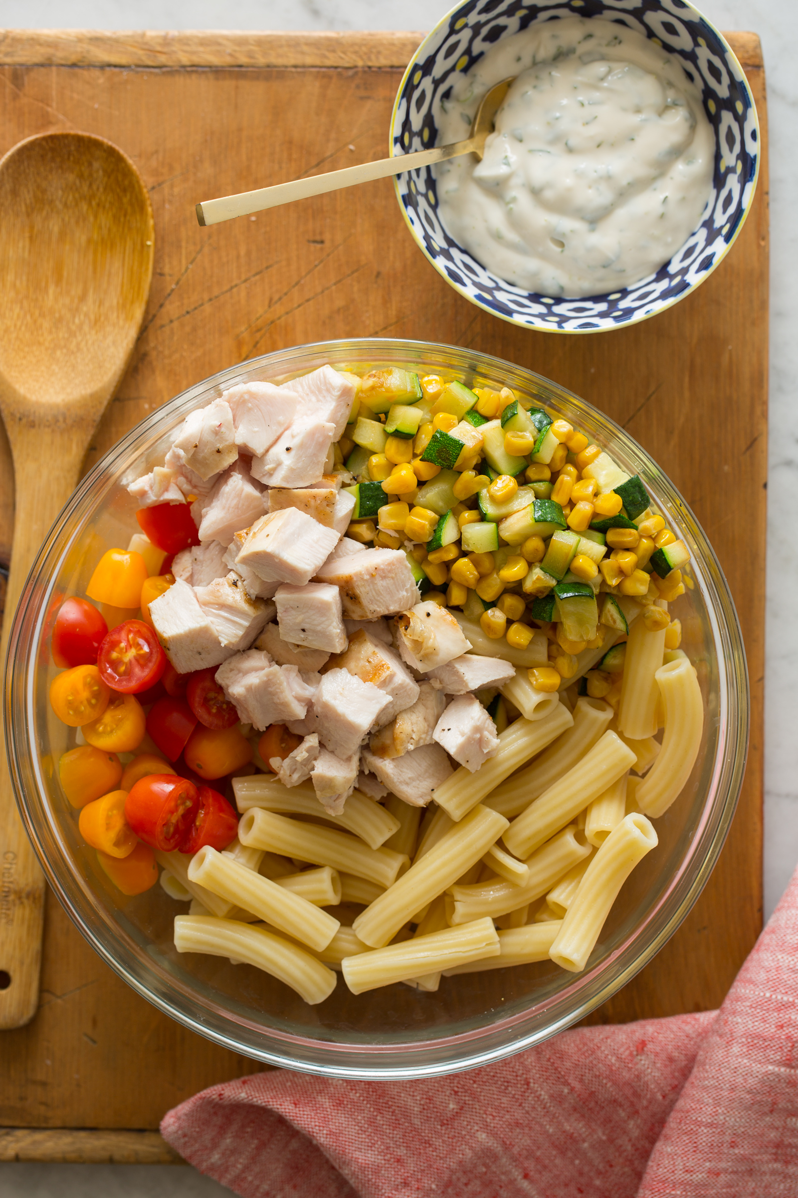Grilled Chicken and Vegetable Pasta Salad Spoon Fork Bacon