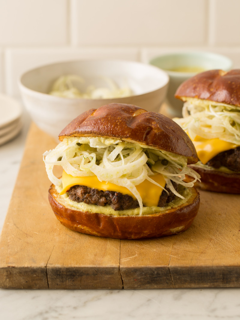 Fennel Slaw Topped Garlic and Peppercorn Burger Spoon Fork Bacon