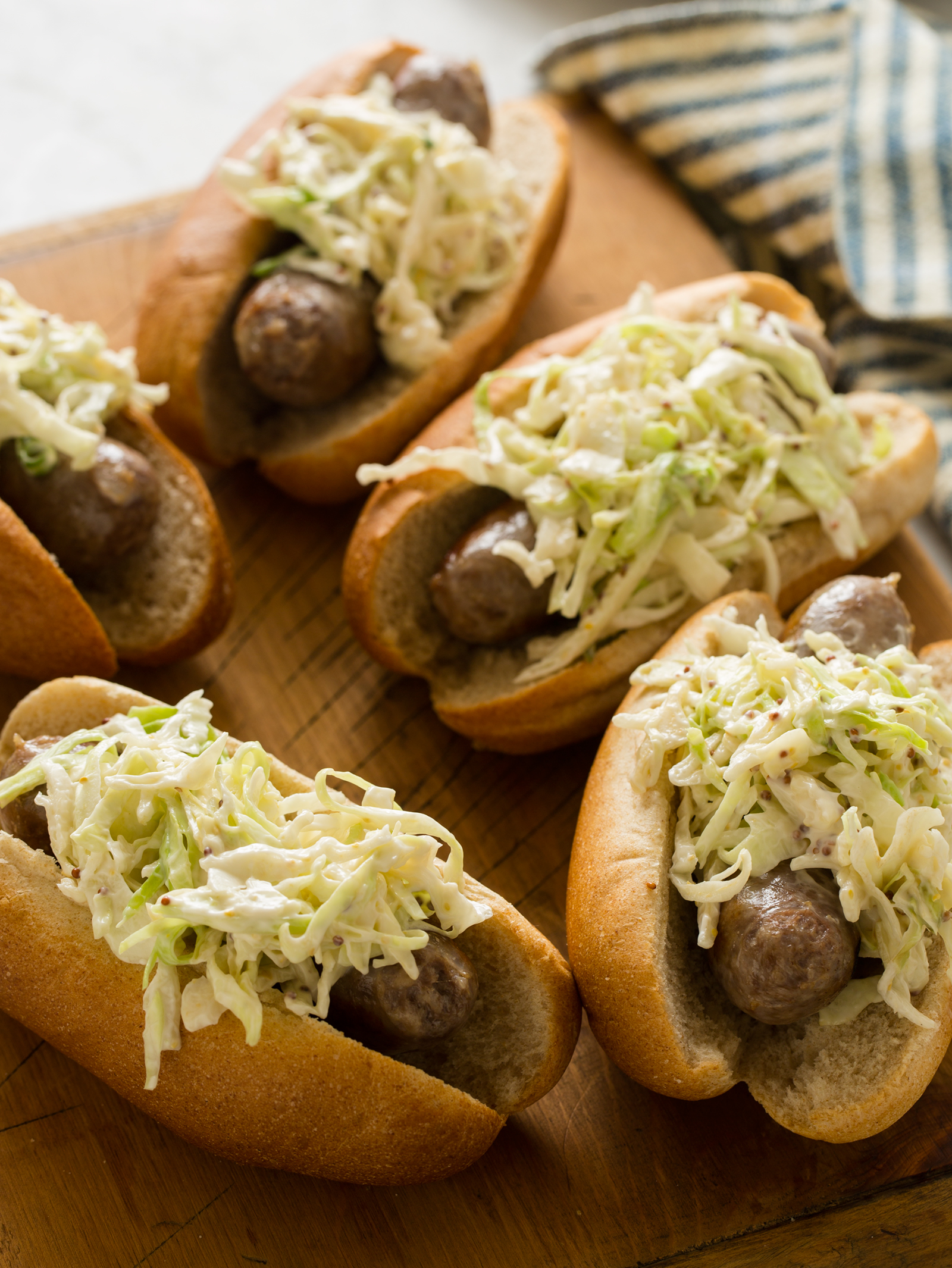 Creamy Whole Grain Mustard Slaw Topped Bratwursts Spoon Fork Bacon