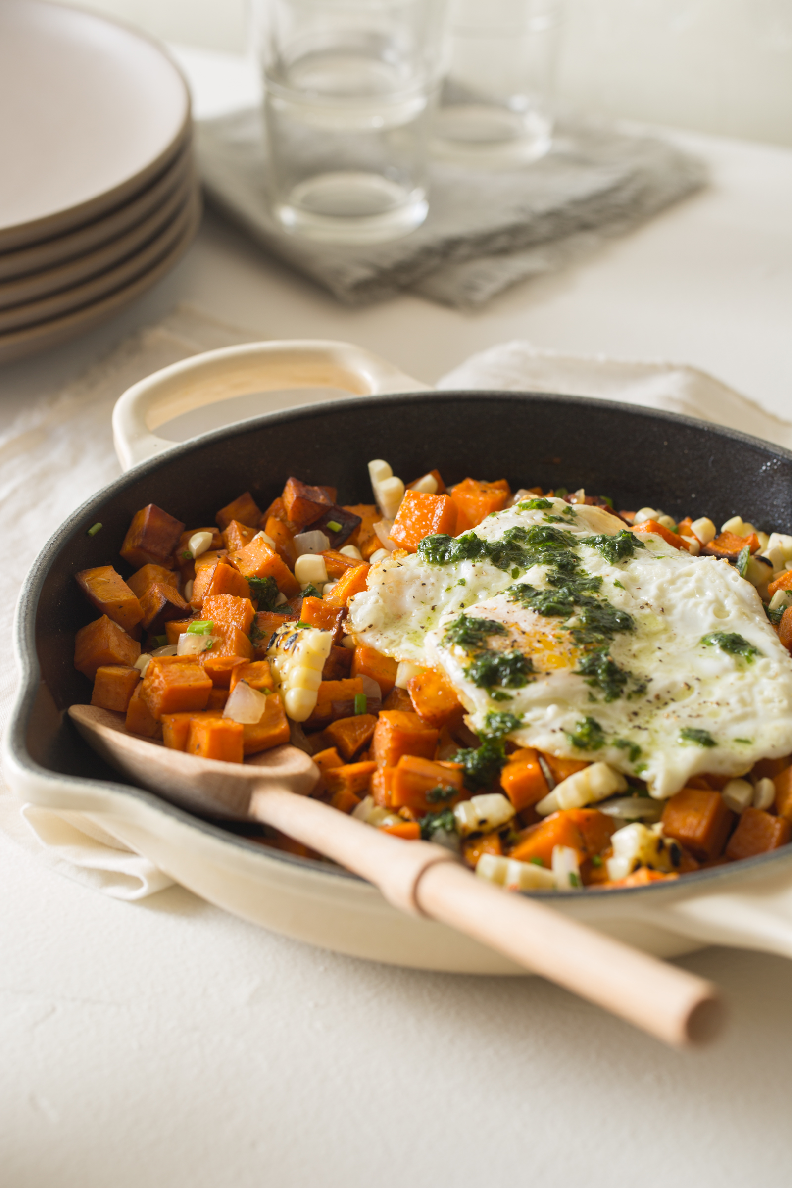Sweet Potato and Corn Hash with a Basil Vinaigrette Spoon Fork Bacon