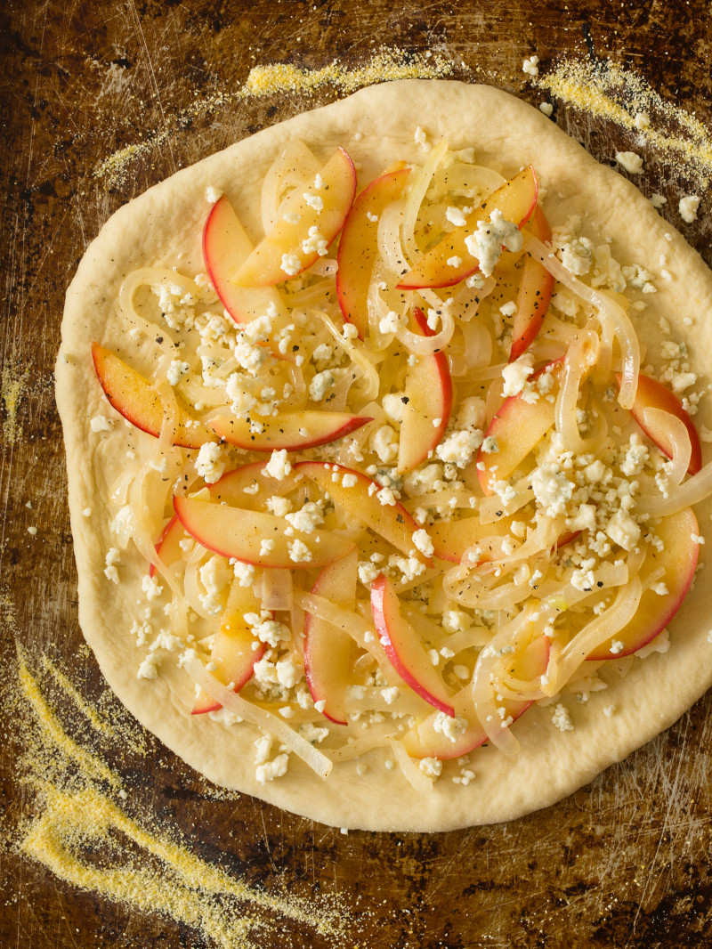 Caramelized Onion Apple and Bleu Cheese Pizza Spoon Fork Bacon