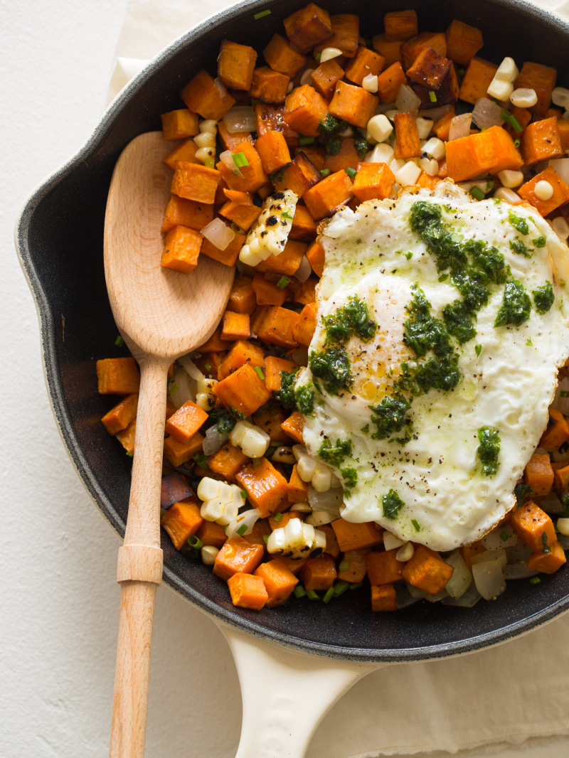 Sweet Potato and Corn Hash with a Basil Vinaigrette Spoon Fork Bacon