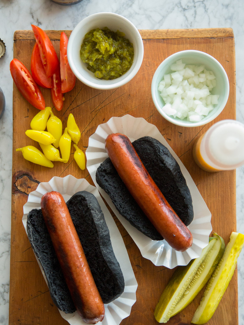 Charcoal Hot Dog Buns Spoon Fork Bacon