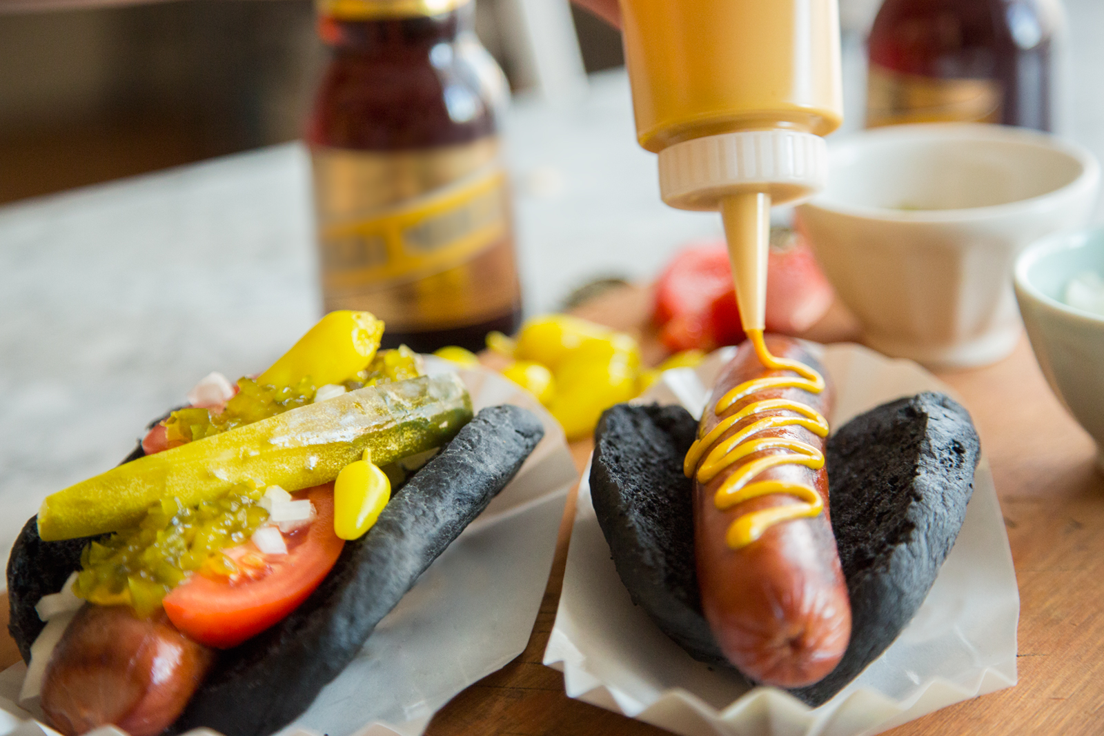 Charcoal Hot Dog Buns Spoon Fork Bacon