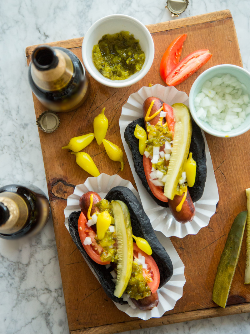 Charcoal Hot Dog Buns Spoon Fork Bacon