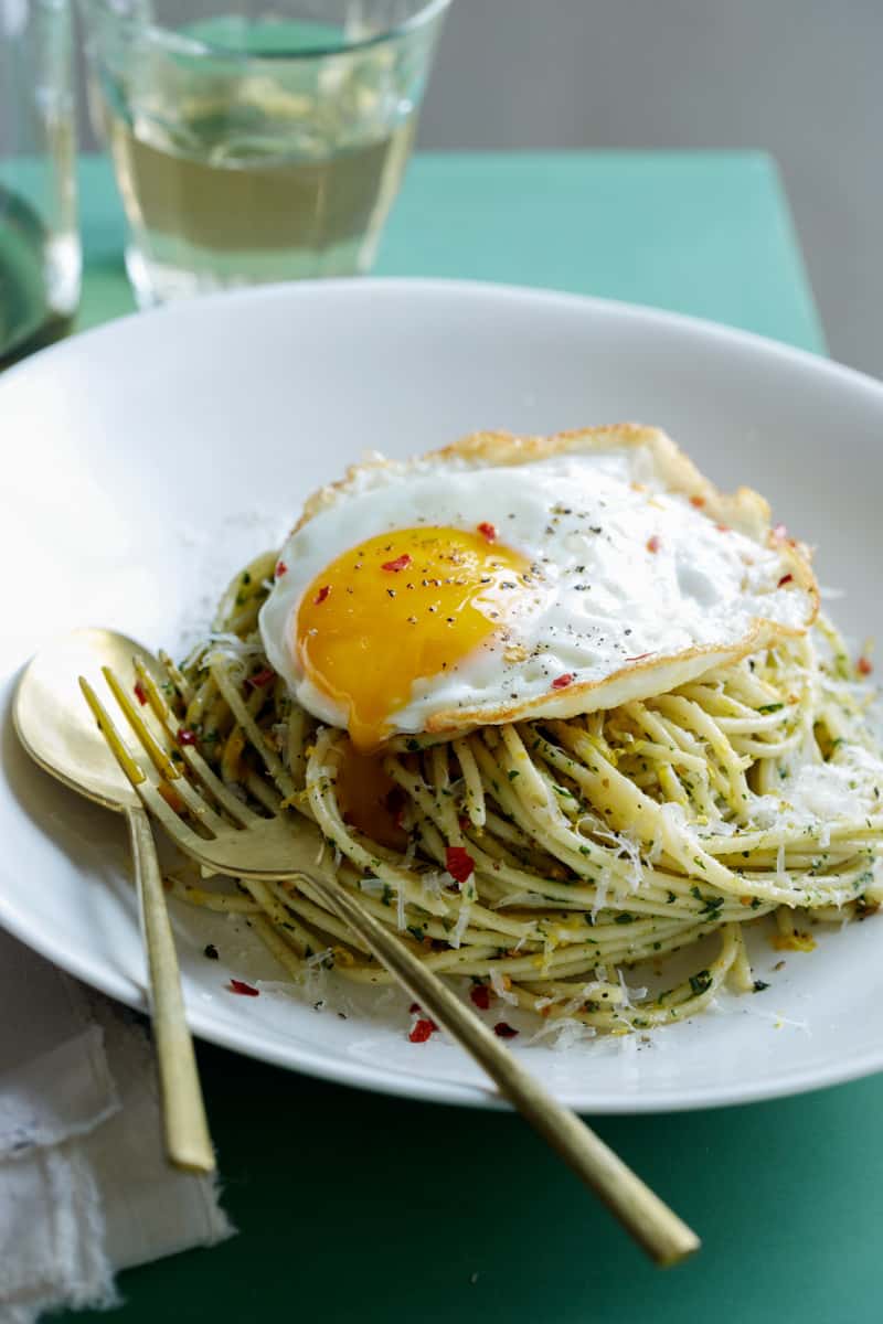 Pistachio and Mint Pesto Spaghetti with a Fried Egg