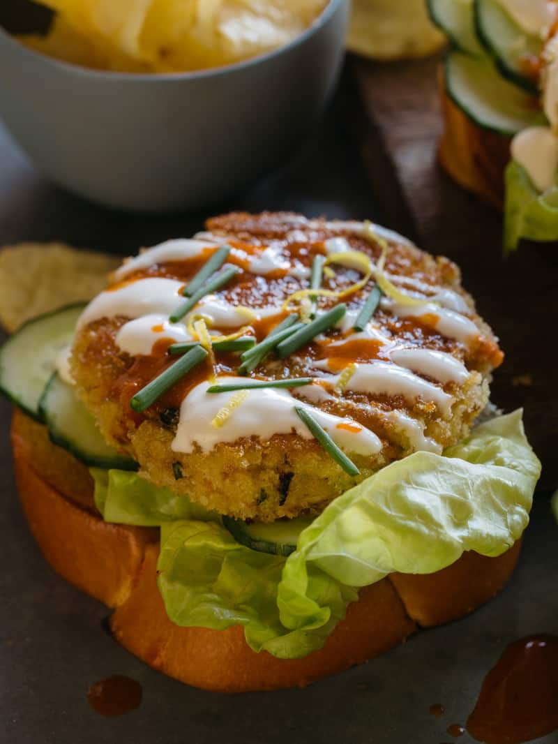 Open Faced Crab Cake Sandwiches Spoon Fork Bacon