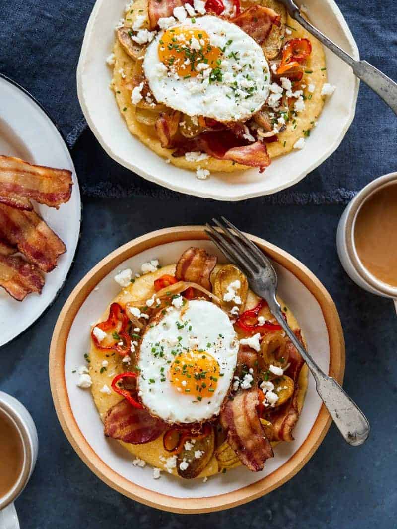 Breakfast Polenta Bowls Spoon Fork Bacon