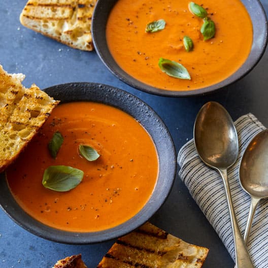 Creamy Roasted Tomato & Basil Soup Spoon Fork Bacon