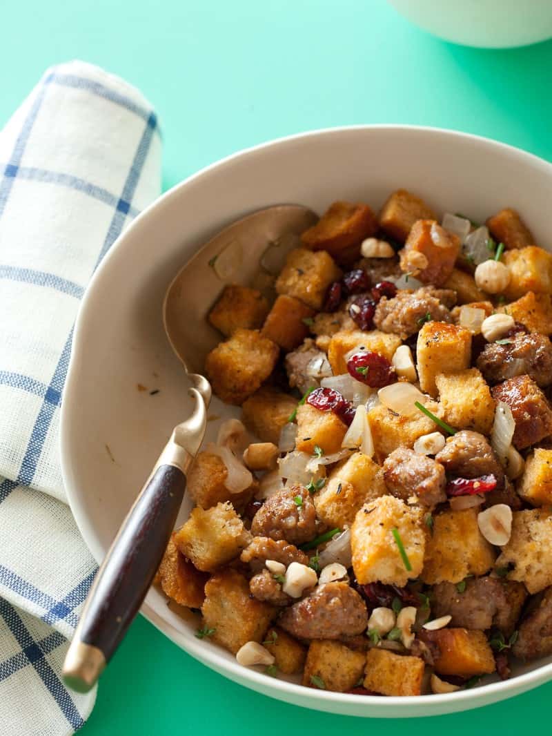 Sausage and Sage Stuffing with dried cranberries and toasted hazelnuts.