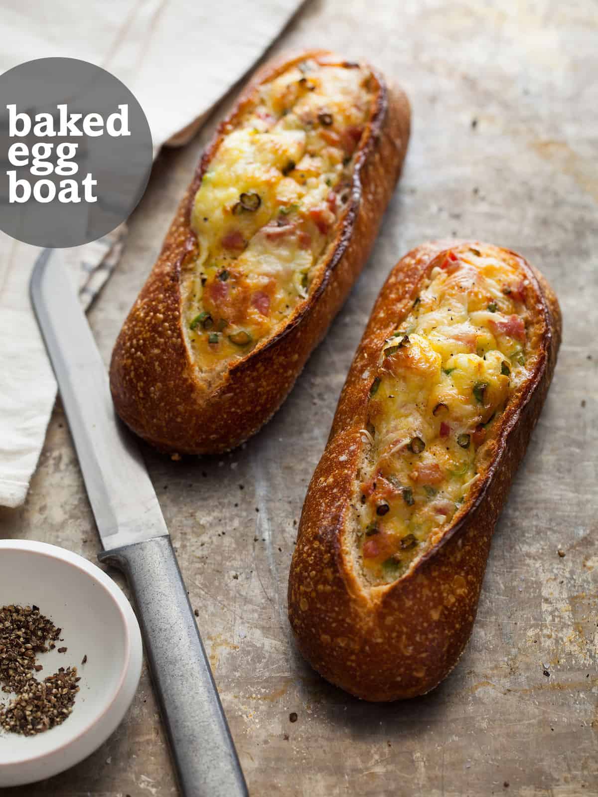 Baked Egg Boats Breakfast recipe Spoon Fork Bacon