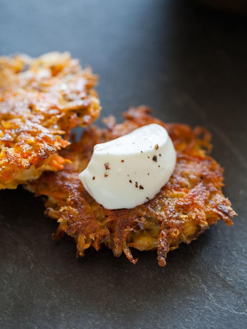 Root Vegetable Fritters made with carrots, parsnips, and purple potatoes.