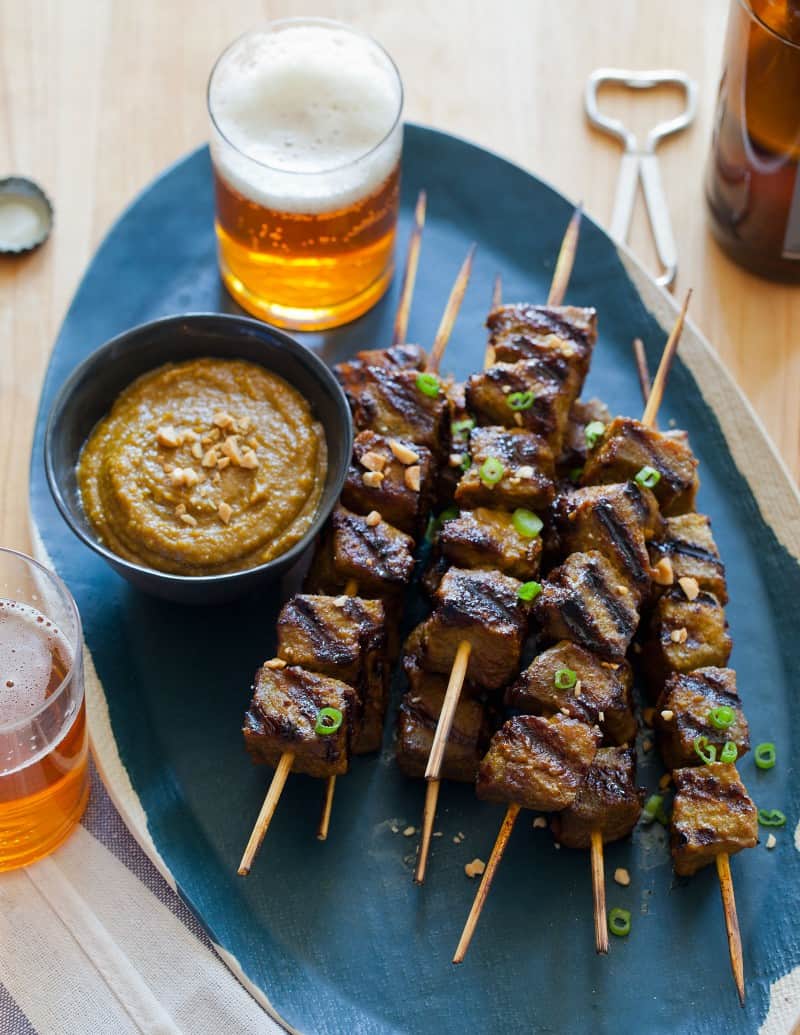 Beef Satay recipe with a peanut dipping sauce.