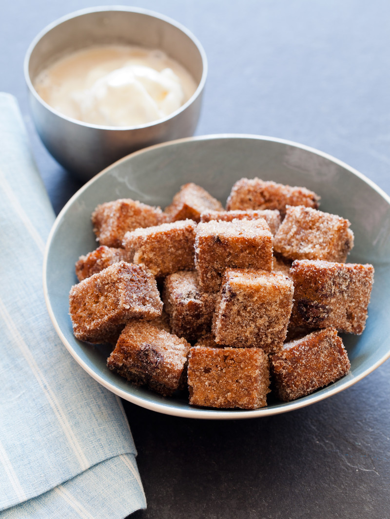 Banana Bread cut into cubes and fried, served with an ice cream dipping sauce.