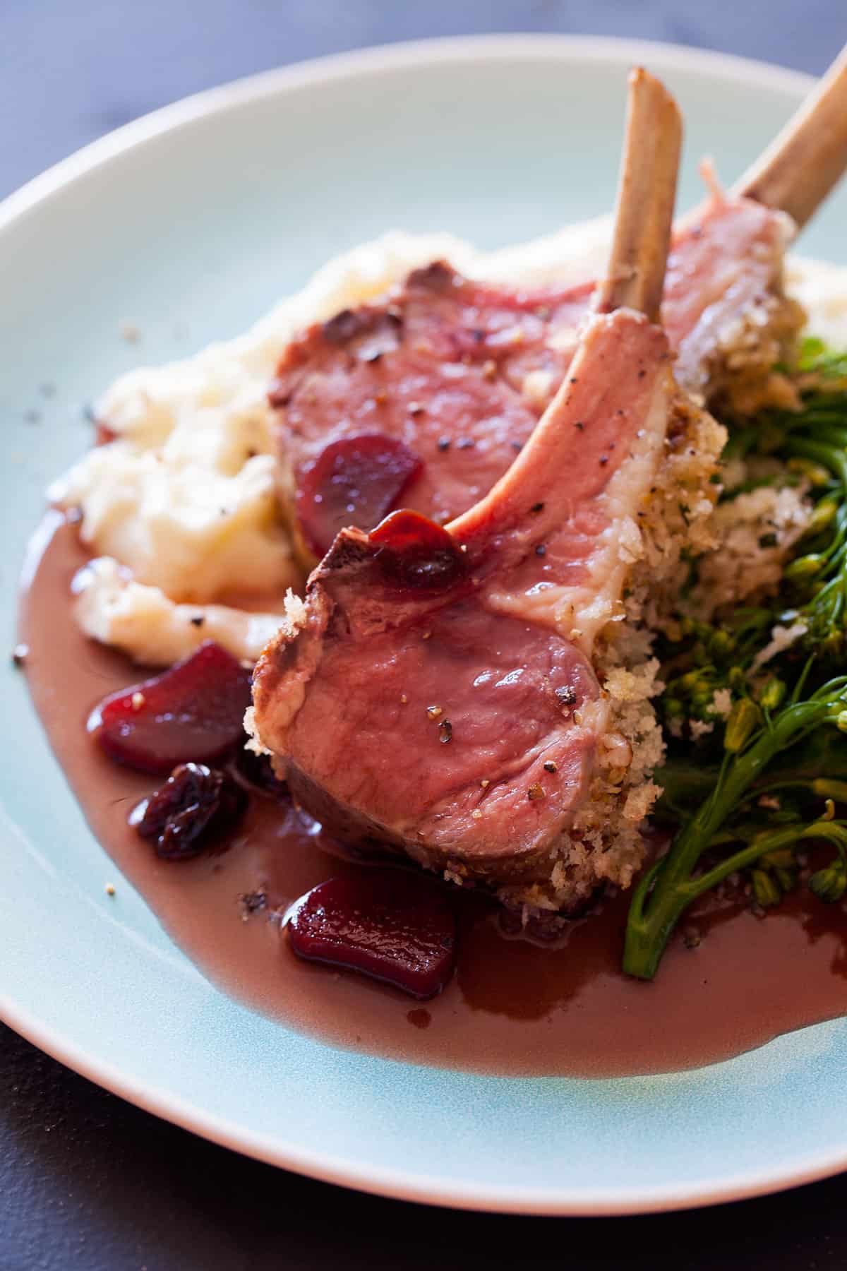 roasted rack of lamb & rhubarb sour cherry gastrique
