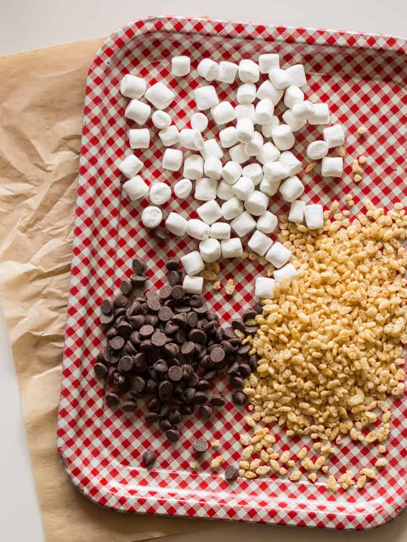 Ingredients for Chocolate Chip Rice Krispies Treat Cookies.