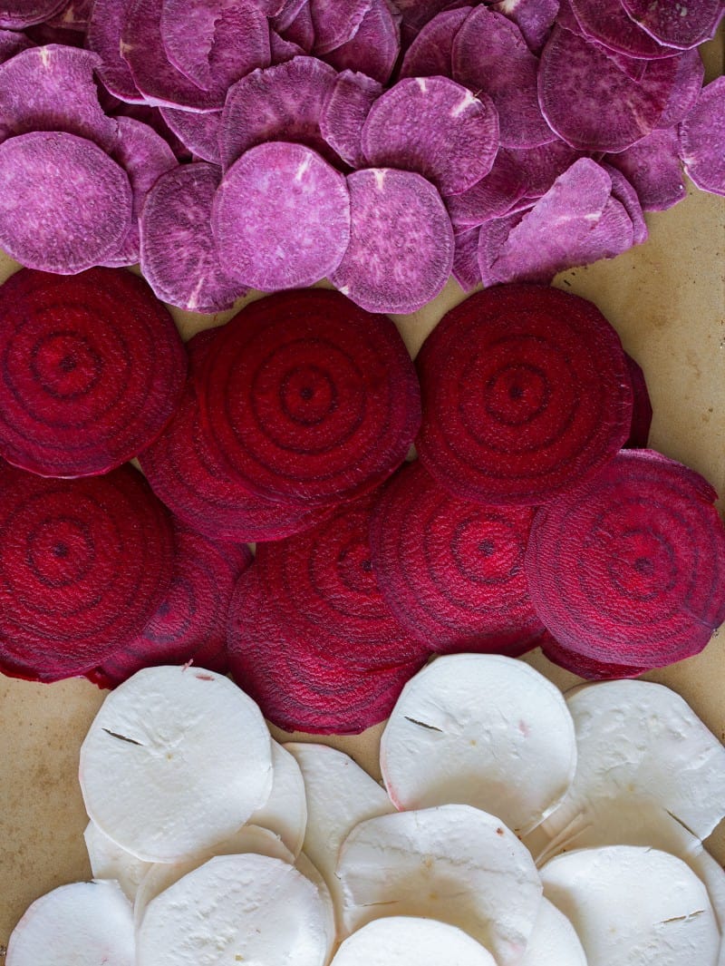 Yucca, purple sweet potatoes, and beets slices.