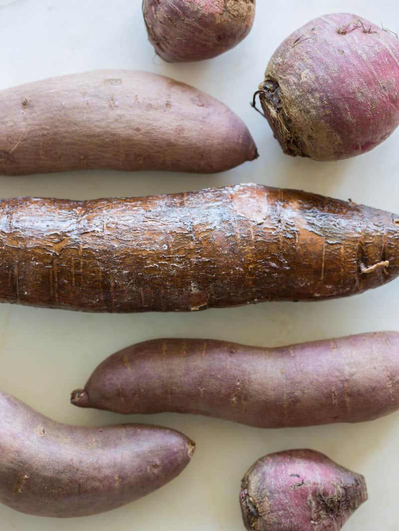 Yucca, purple sweet potatoes, beets for Root Chips.