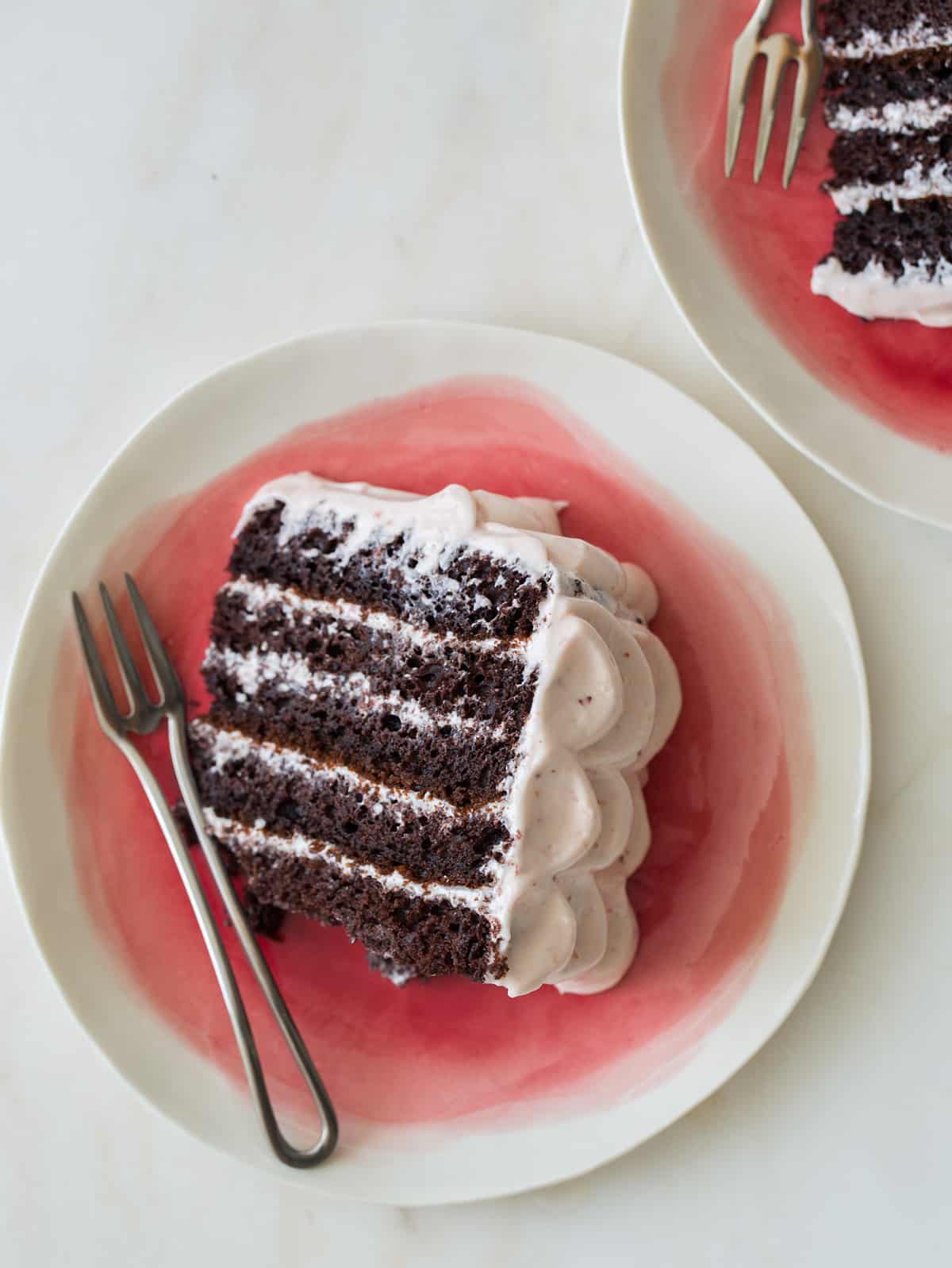 devils food cake with real strawberry frosting | spoon fork