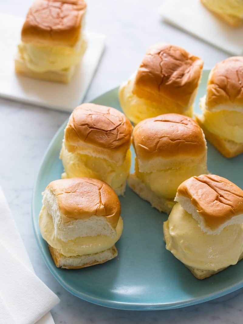 A plate of sweet corn ice cream sandwiches.