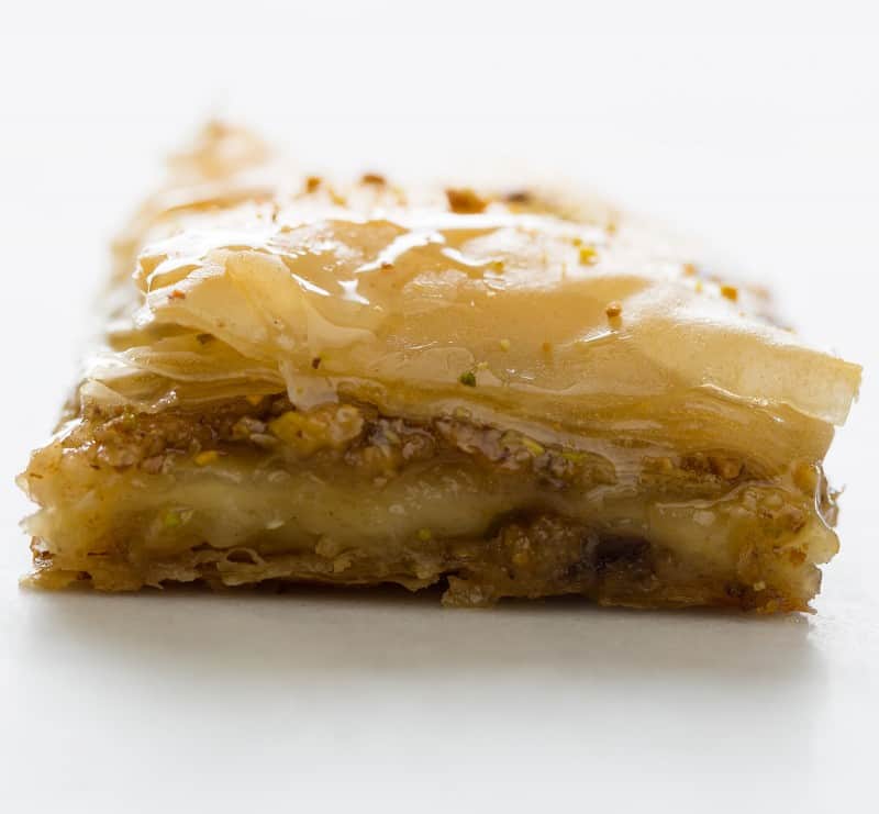 A close up of the layers in brie filled baklava.