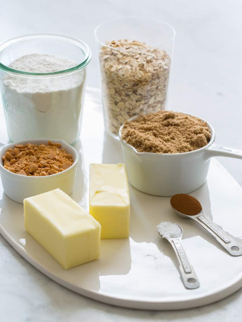 Salted Dulce De Leche Bars ingredients A close up of ingredients for salted dulce de leche bars.