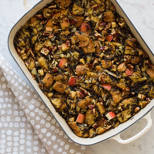 Apple Thyme Wild Rice Thanksgiving Stuffing recipe Spoon Fork Bacon