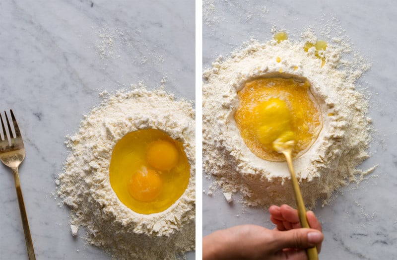 A split photo of a mound of flour with eggs and a person whisking the eggs.