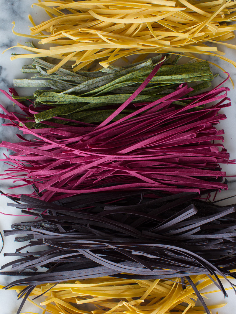 Homemade Pasta recipe A colorful variety of homemade pastas lined up.