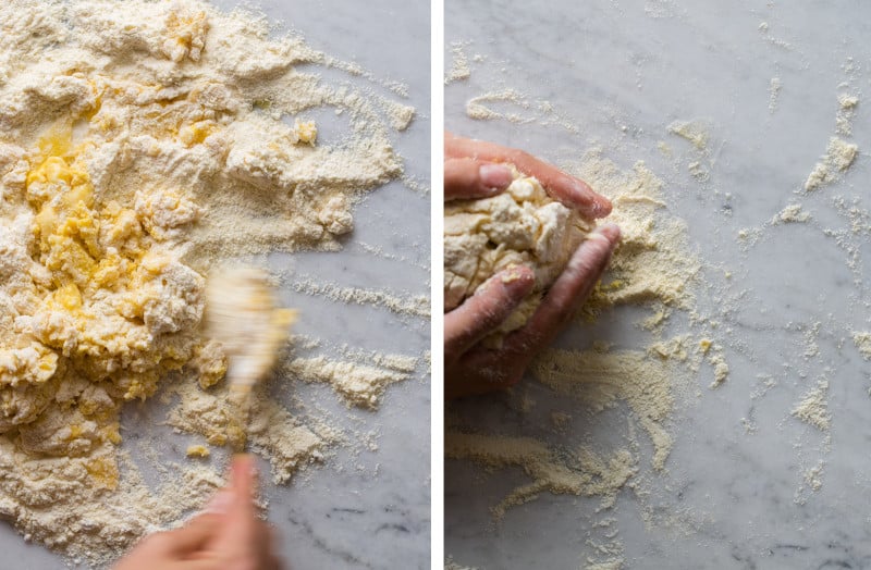 A split photo of dough coming together and a person pulling dough together.