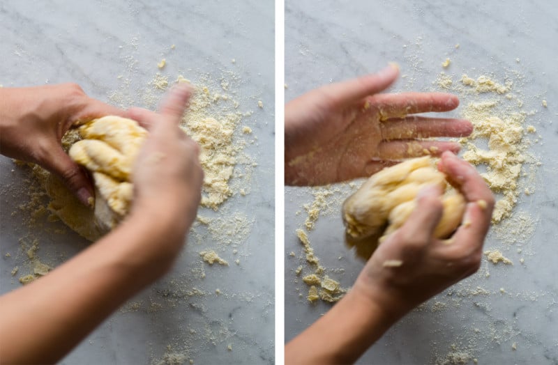 A split photo of a person forming a dough ball and continuing to make a ball.