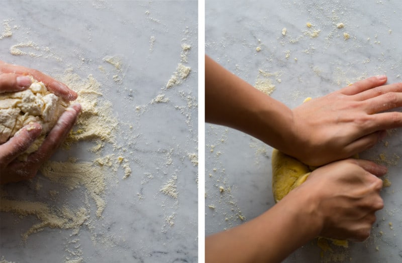 A split photo of steps to knead the dough on a marble surface.