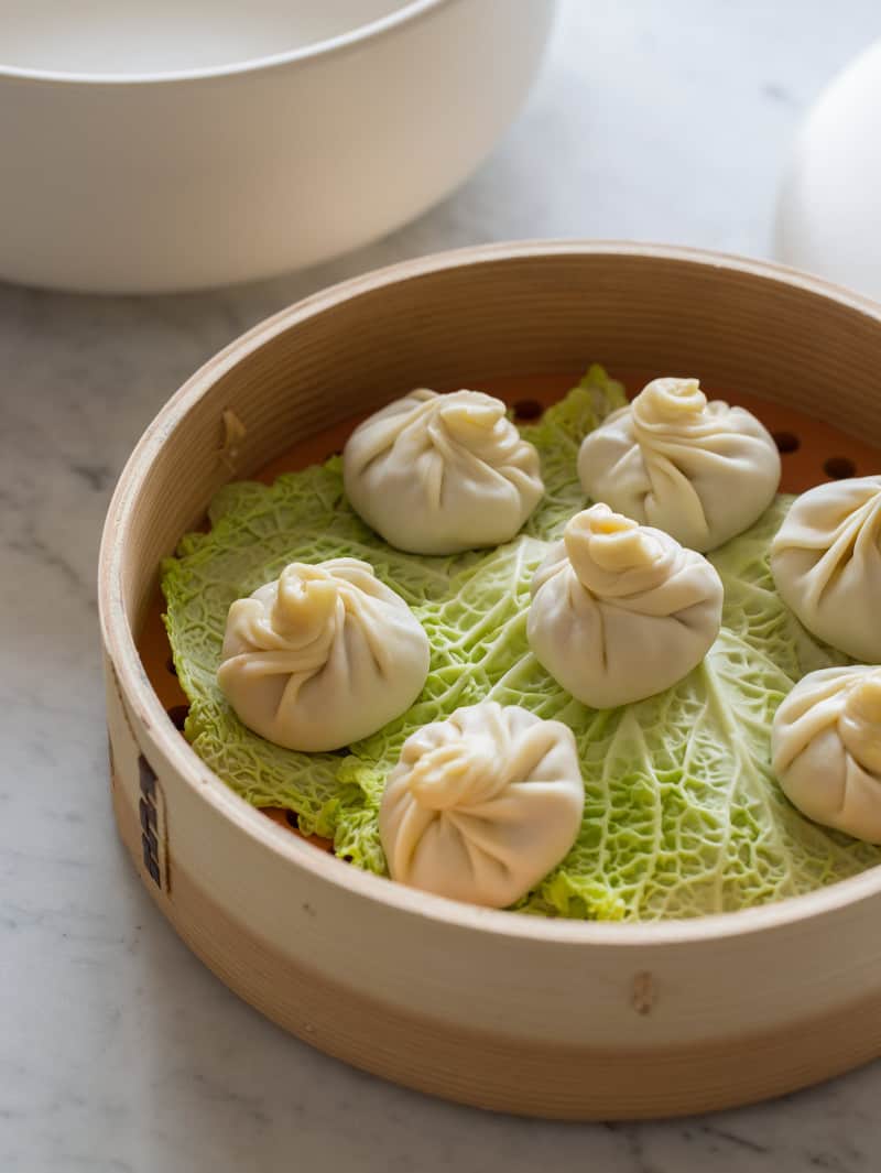 A close up of a steamer full of shanghai soup dumplings before being steamed.