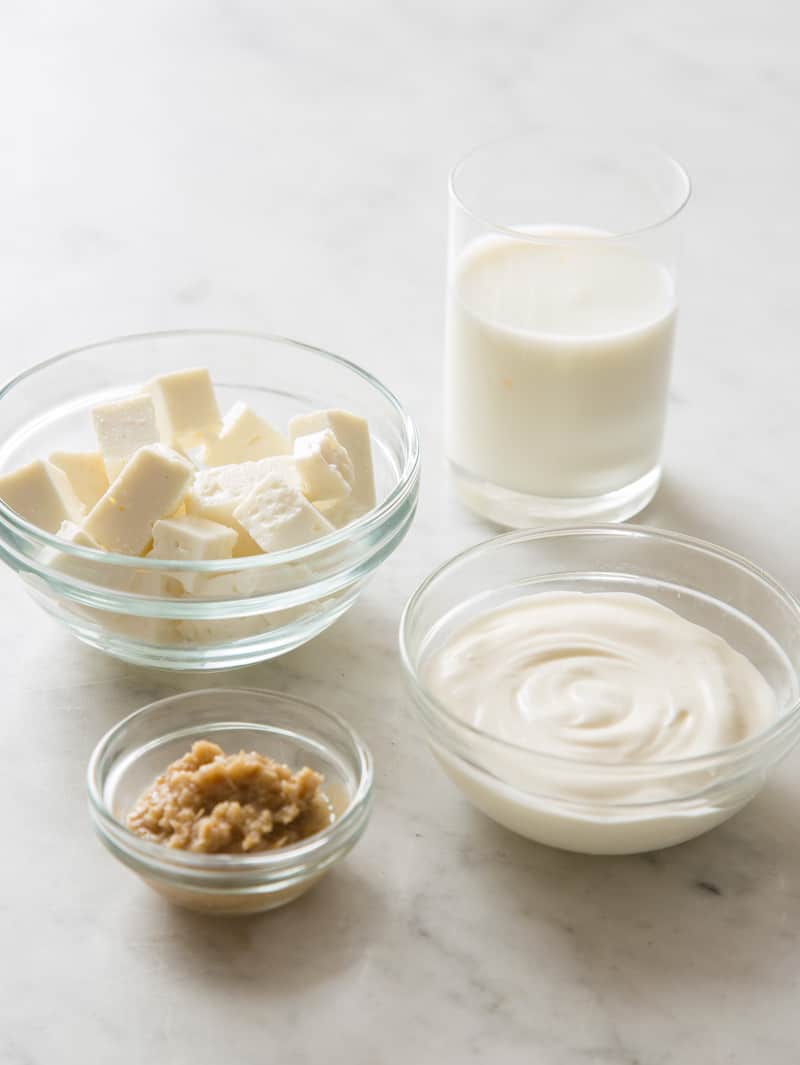 Ingredients for creamy feta horseradish sauce.