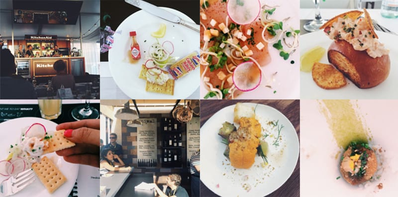 A collage of different types of food on plates and food booth.