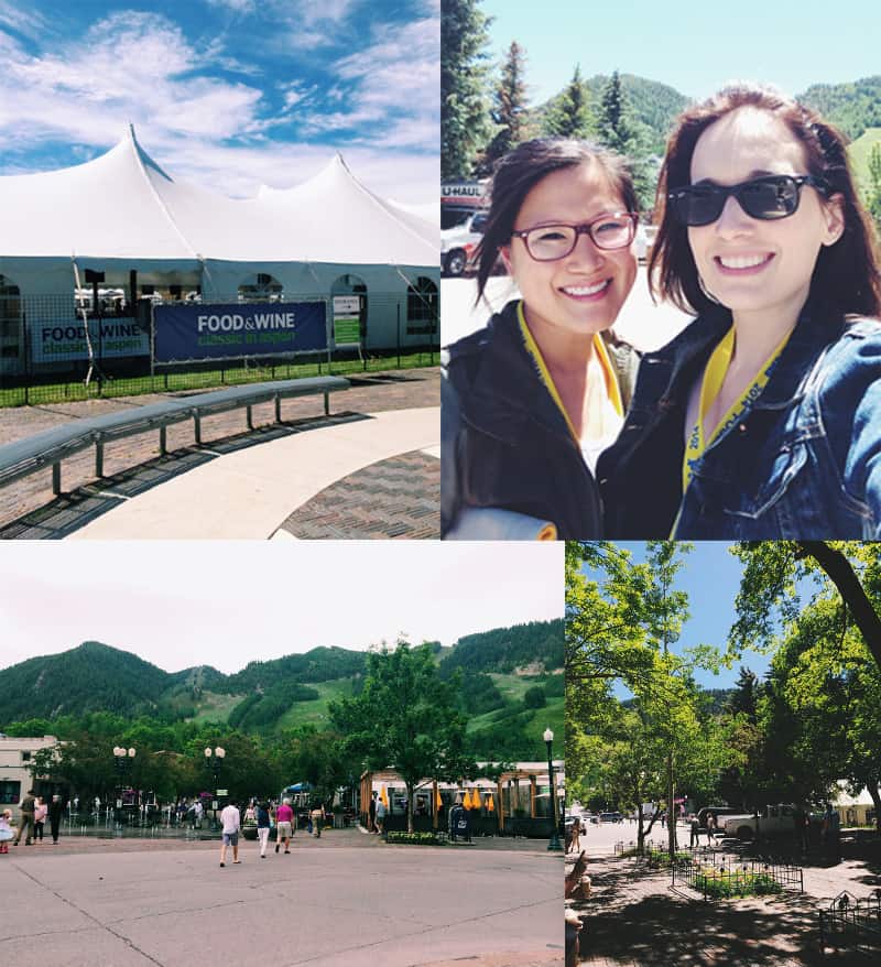 A collage of photos of an outdoor food festival and two excited women smiling.