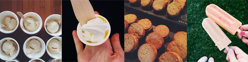 A split photo of a hand holding a cup of yogurt and cookies.