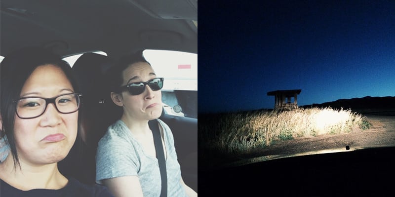 A split photo of a frowny face woman and a field with a structure at night.