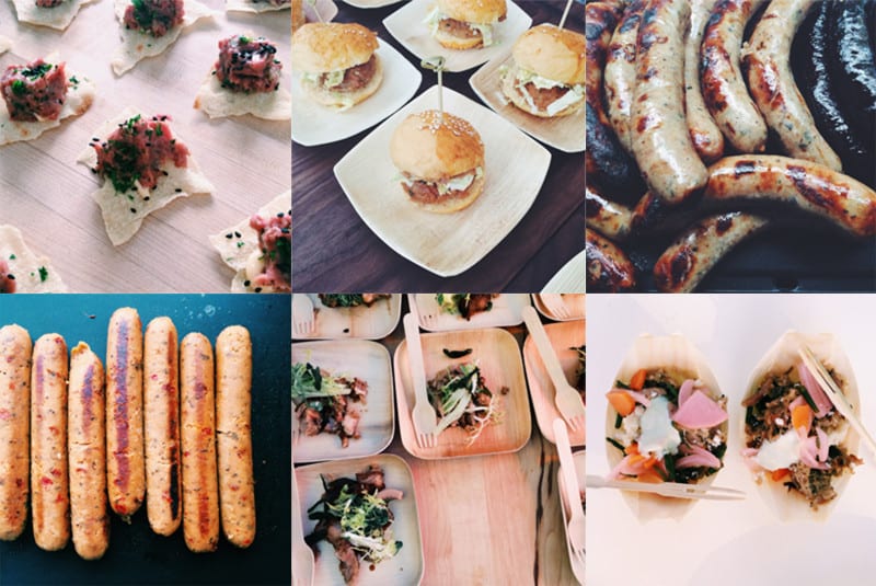 A collage of sausages and different types of food on small plates and bowls.