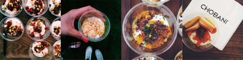 A split photo of a hand holding a cup of food and a cup food.