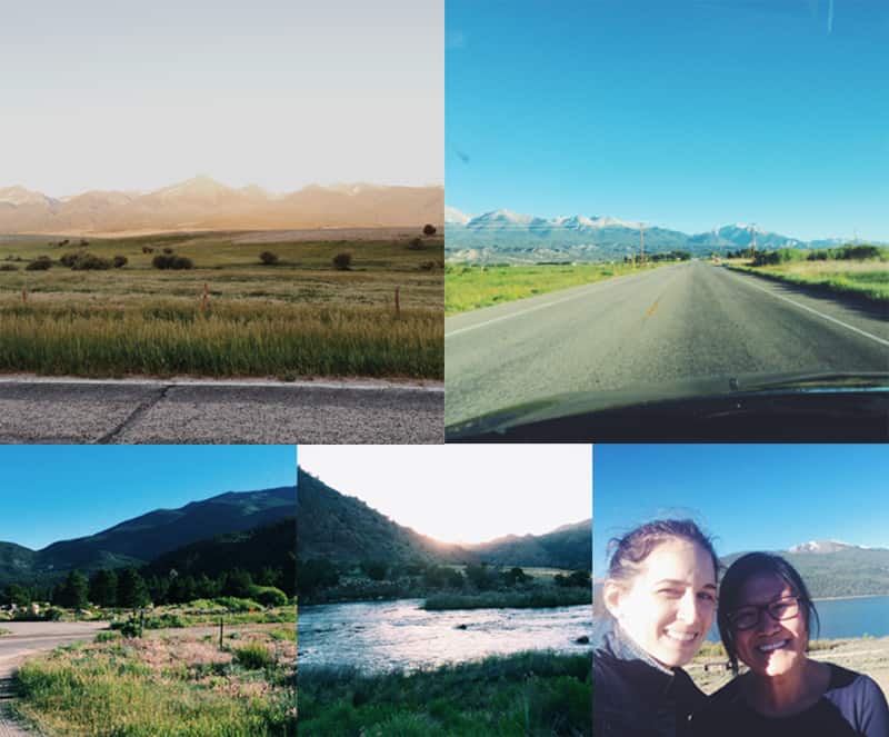 A collage of several photos of daytime landscapes and two beautiful women smiling.